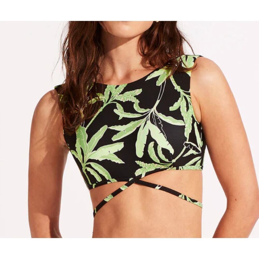 NWT Seafolly Palm Paradise Top Black Green Bikini US 8